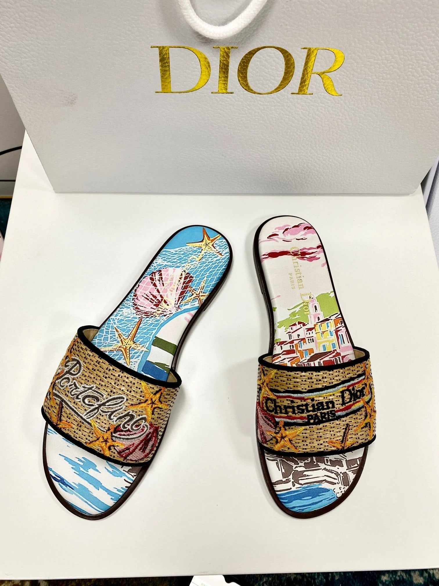 CD 26s Embroidered Sandals Blue Beige Multicolor Canvas Leather 683007