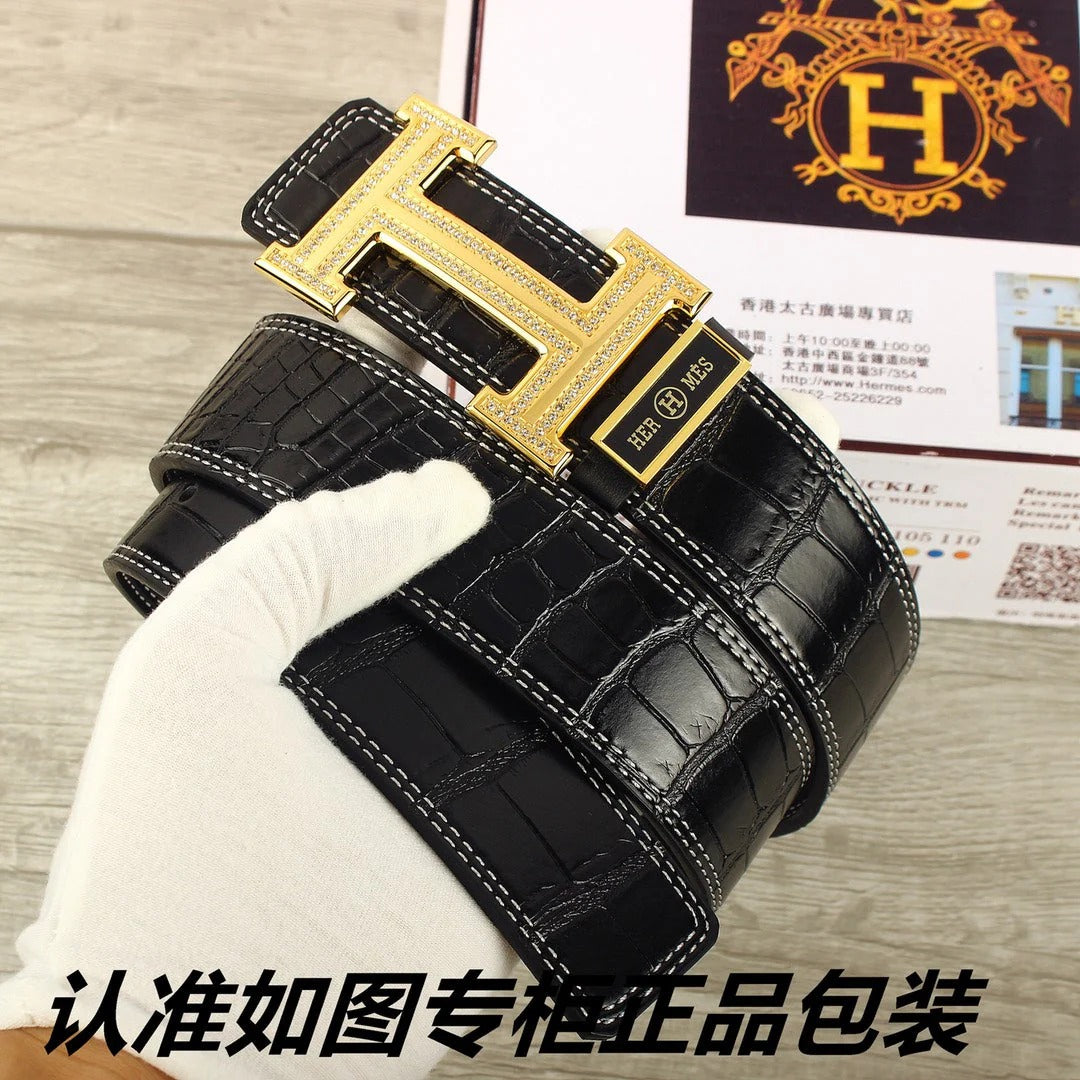 HM Original Belt 38mm Black Crocodile Pattern Gold Buckle 620264