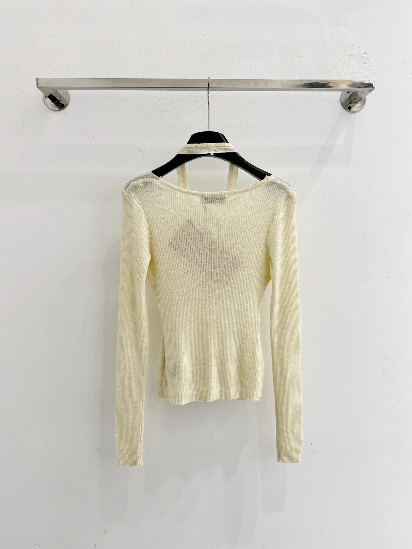 Miumiu 2026 Halter Neck Hollow-Out Faux Two-Piece Ribbed Knitwear Wool 749025