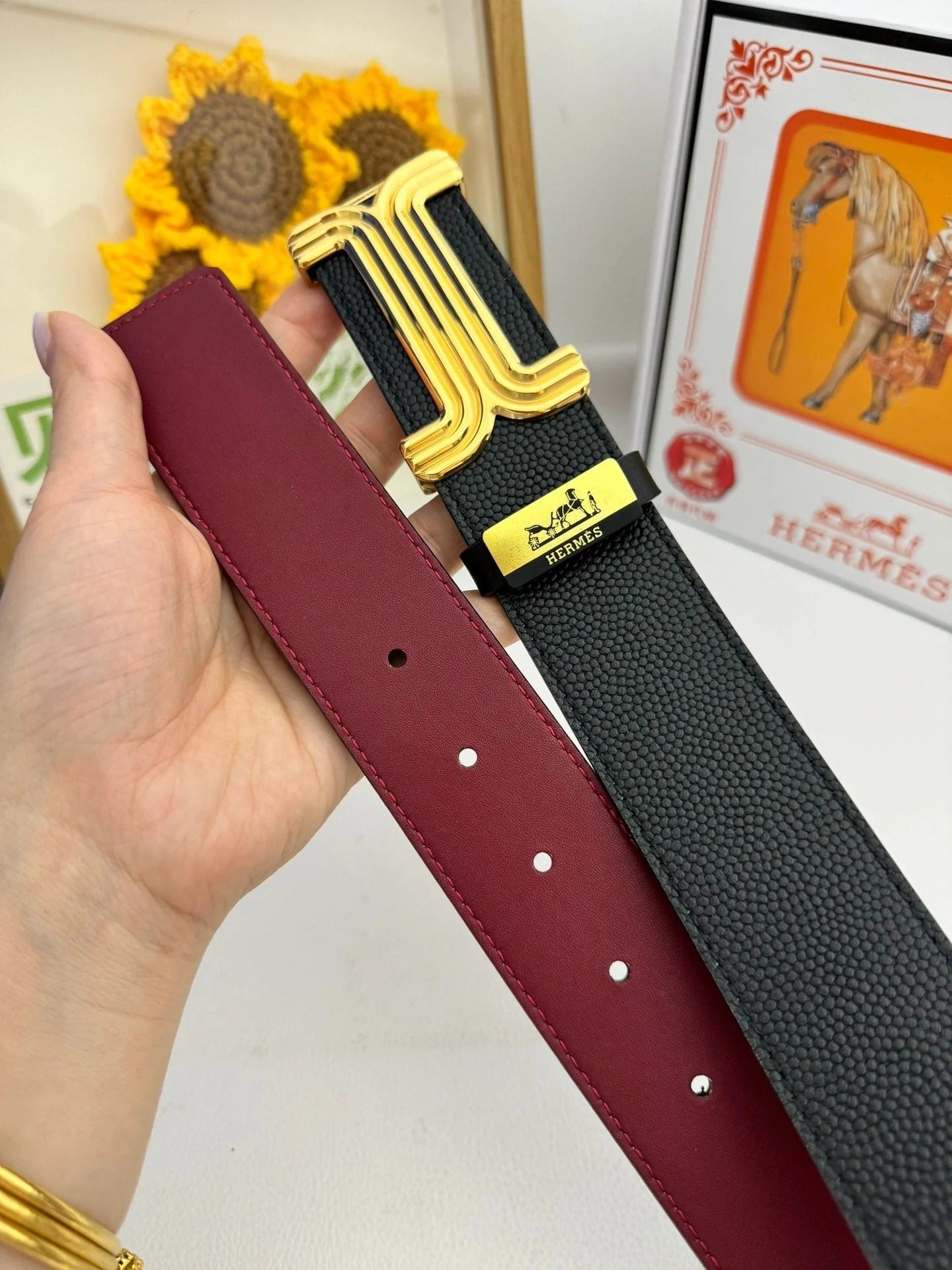 HM Belt 38mm Black Red Cowhide Leather Sliver Buckle 619013