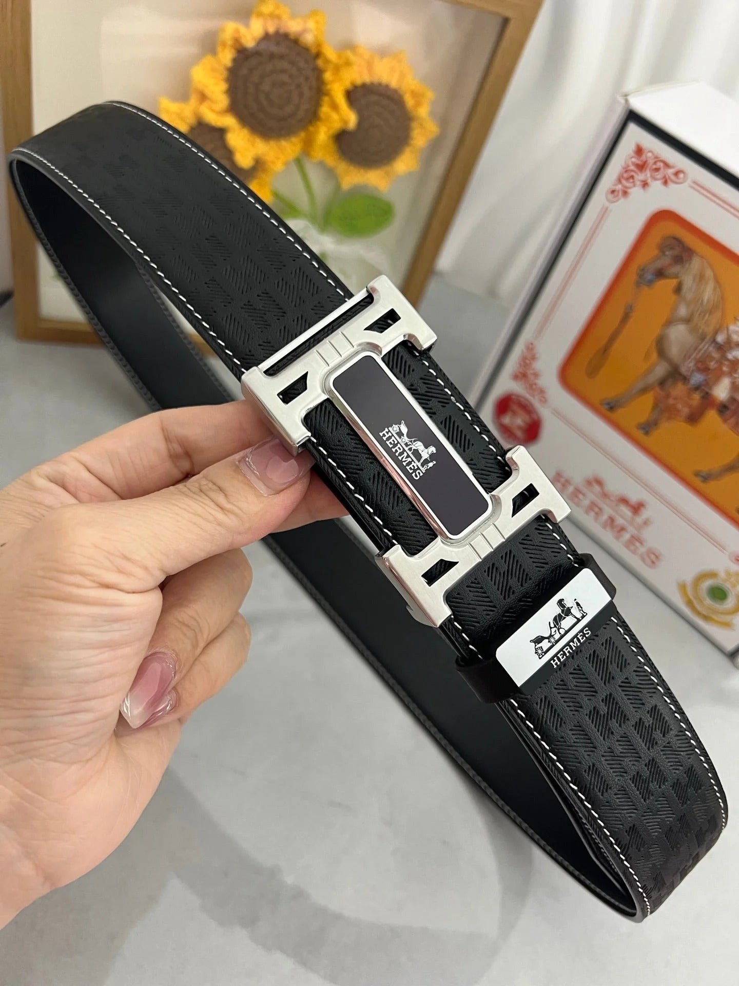 HM Constance Belt 38mm Black Cowhide Sliver Buckle 619788