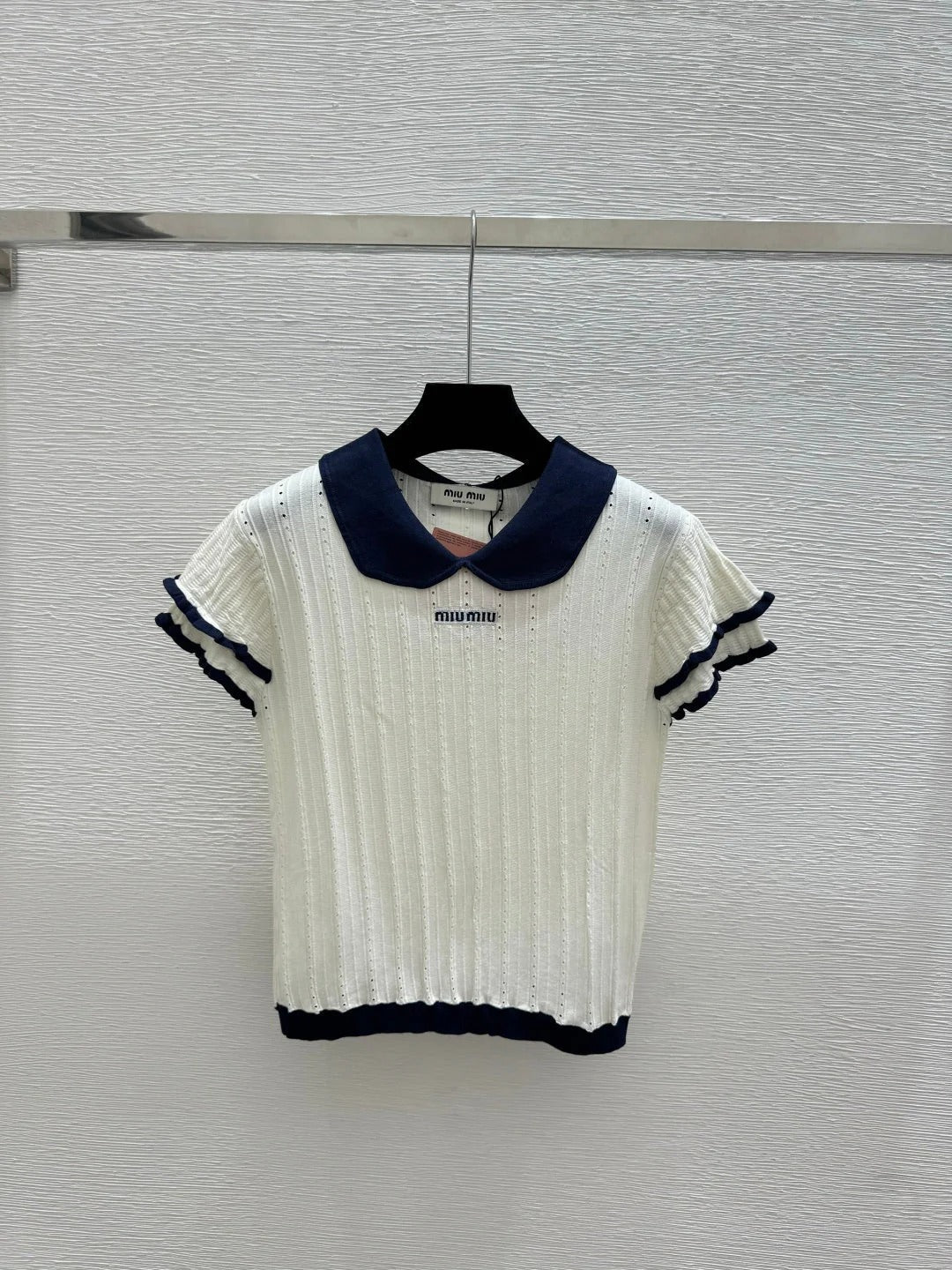 Miumiu 2026 Peter Pan Collar Openwork Knit Short-sleeved Top 220548