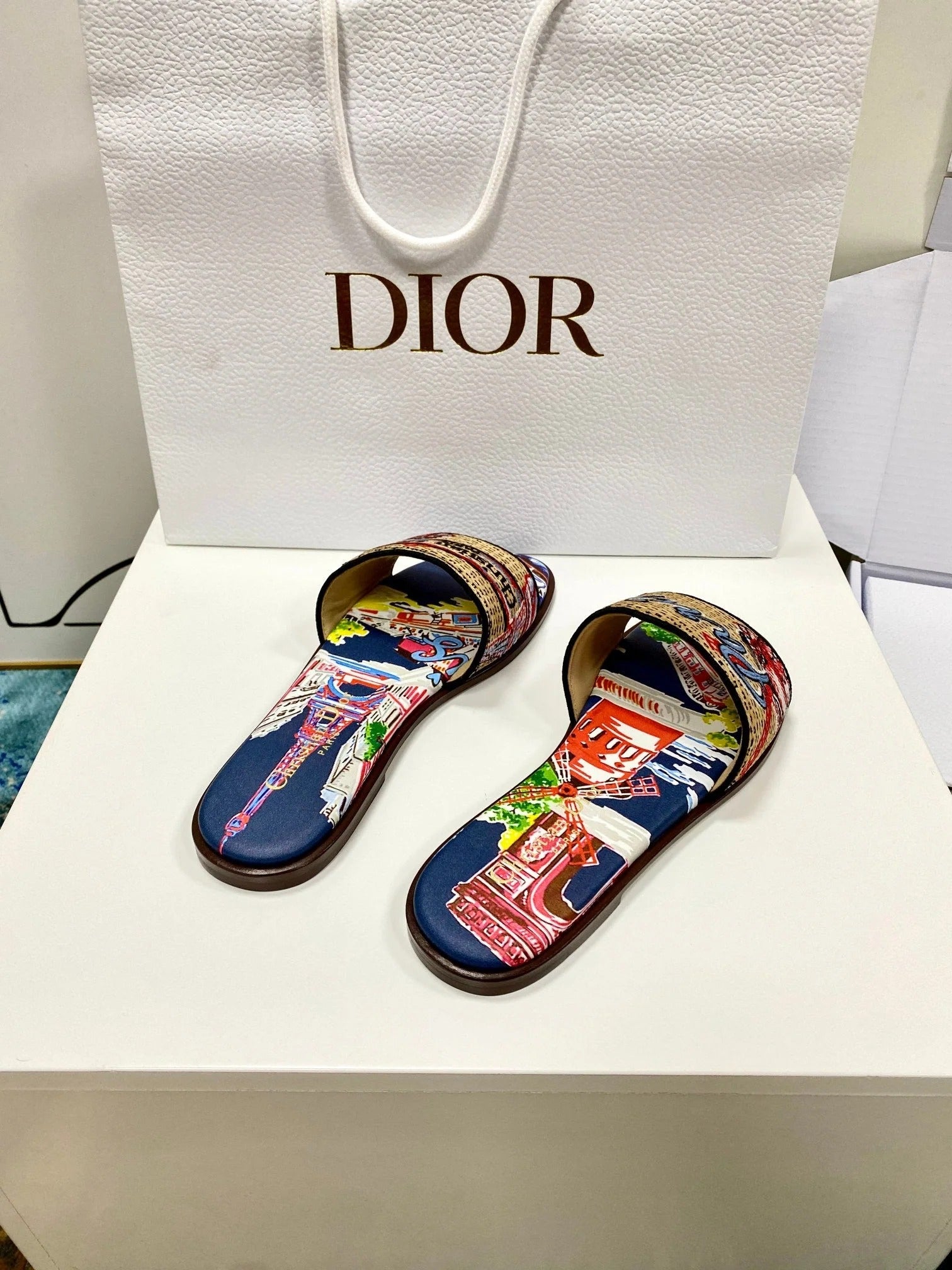 CD 26s Embroidered Sandals Beige Multicolor Canvas Leather 683009