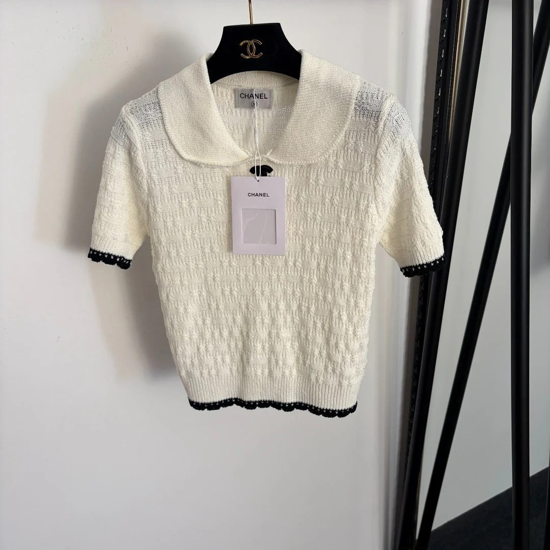 Chanel 2026 Pan Collar Knitted Short Sleeve Black Pink White Wool 120314