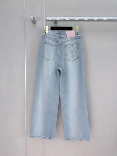 Chanel 2026 Straight-leg Jeans With Double C Rhinestone Blue Cotton 358054