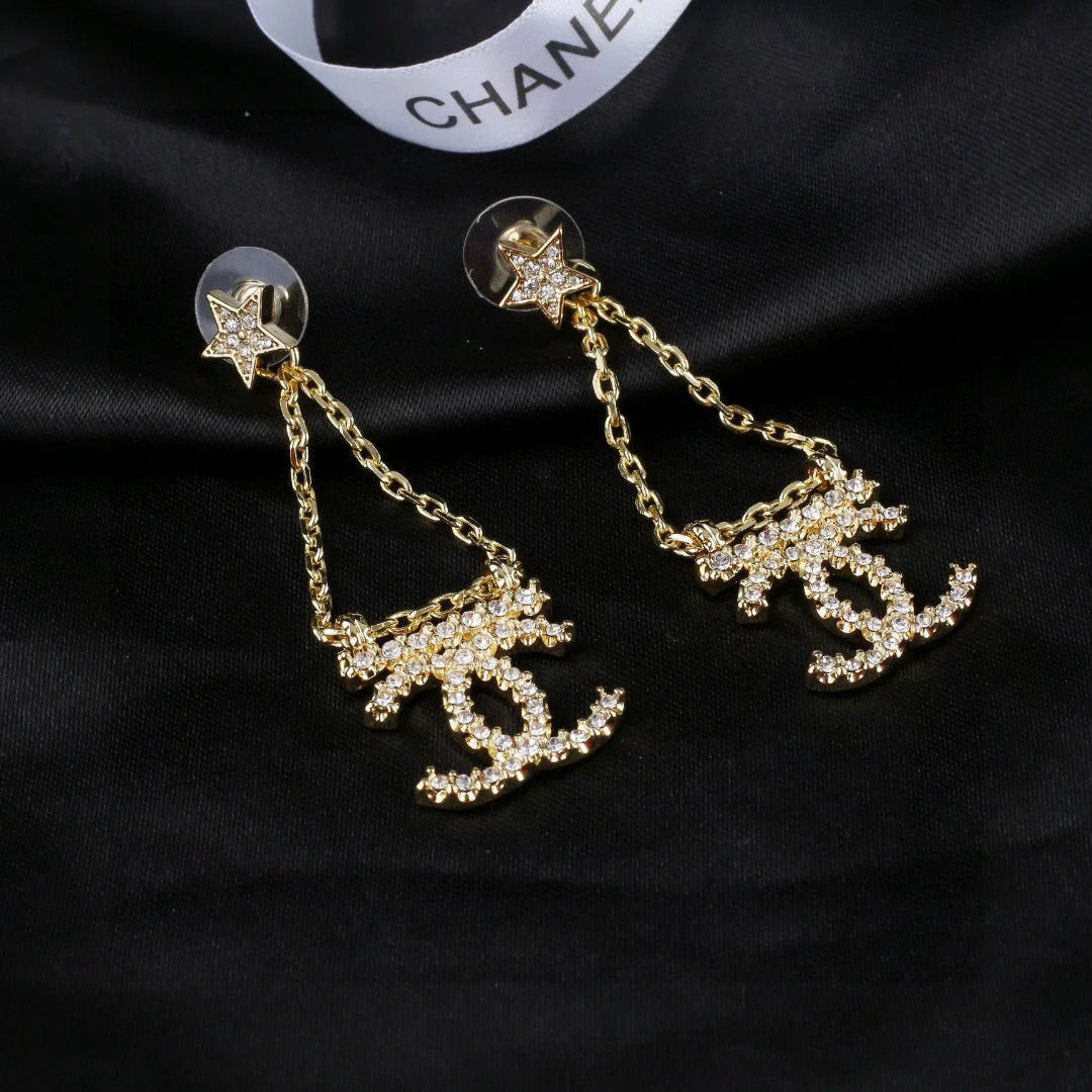 CC Pendant Double C Star Diamond Gold Earrings