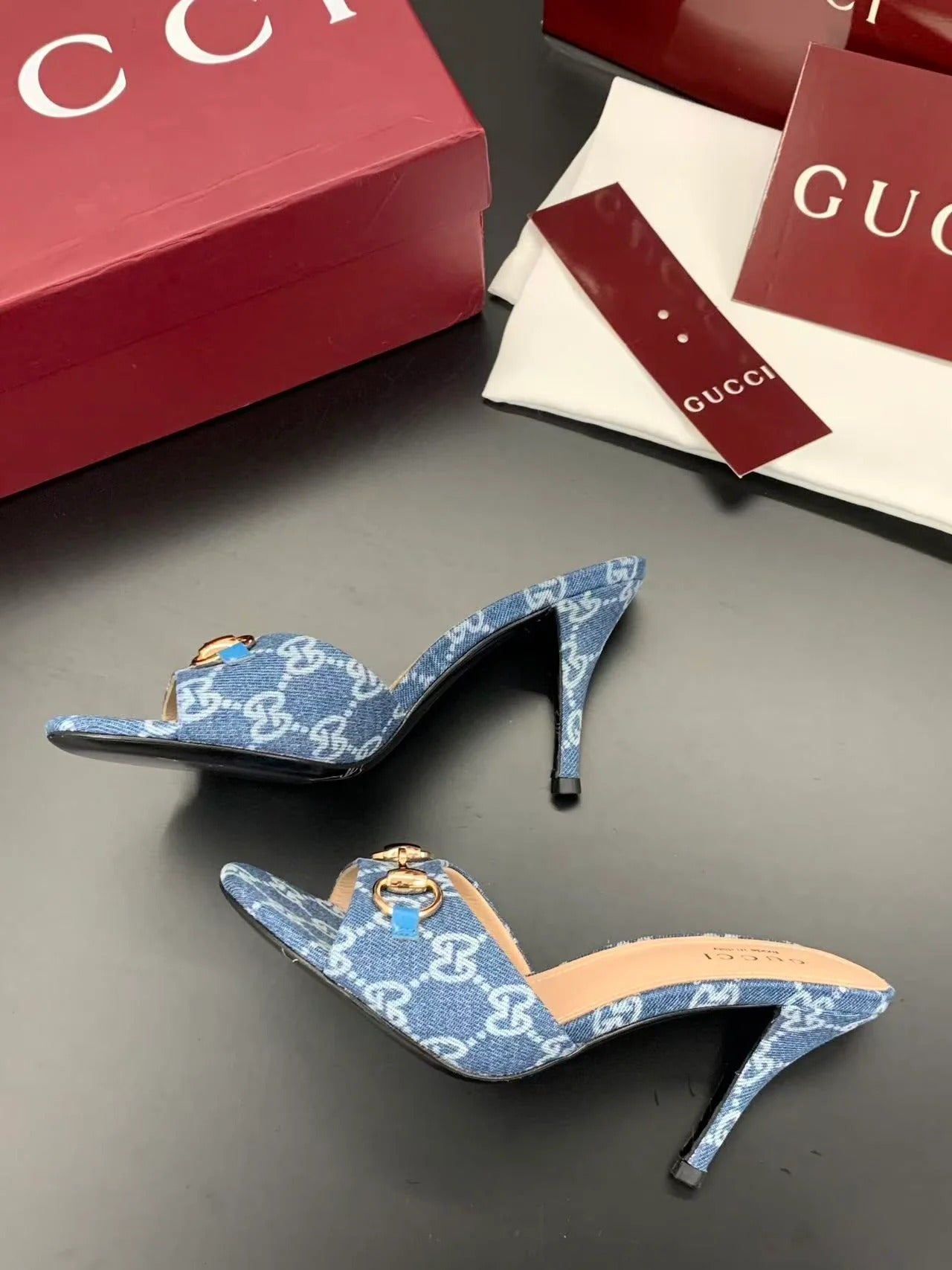 Gucci 2026 Erin Horsebit GG Sandal Blue Gold Denim Leather
