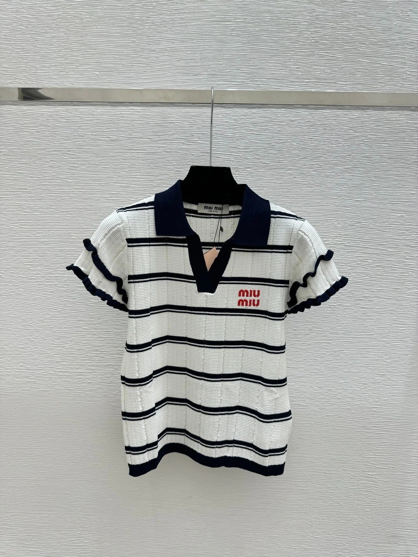 Miumiu 2026 Striped Knit Short-sleeved Top With Peter Pan Collar 258872