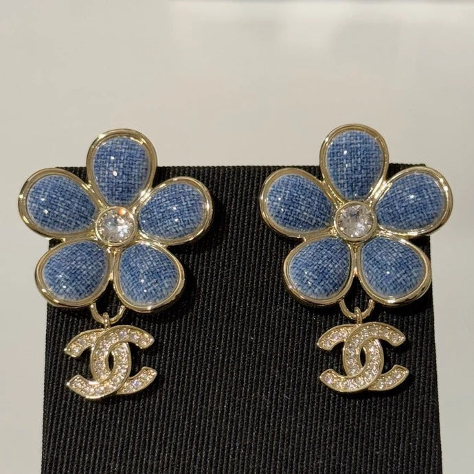 Chanel 2026 Denim Enamel Flower Crystal Light Gold Diamond Earrings