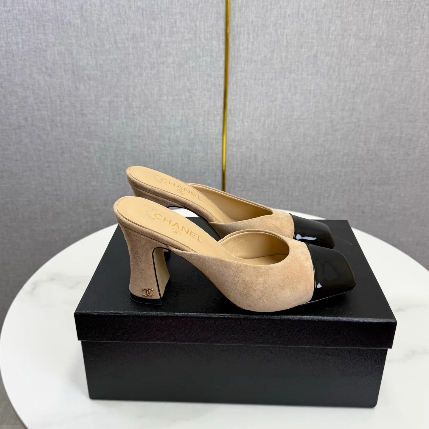 Chanel 2026 Double C Square-toe Sandal 70mm Beige Black Suede Leather 619768