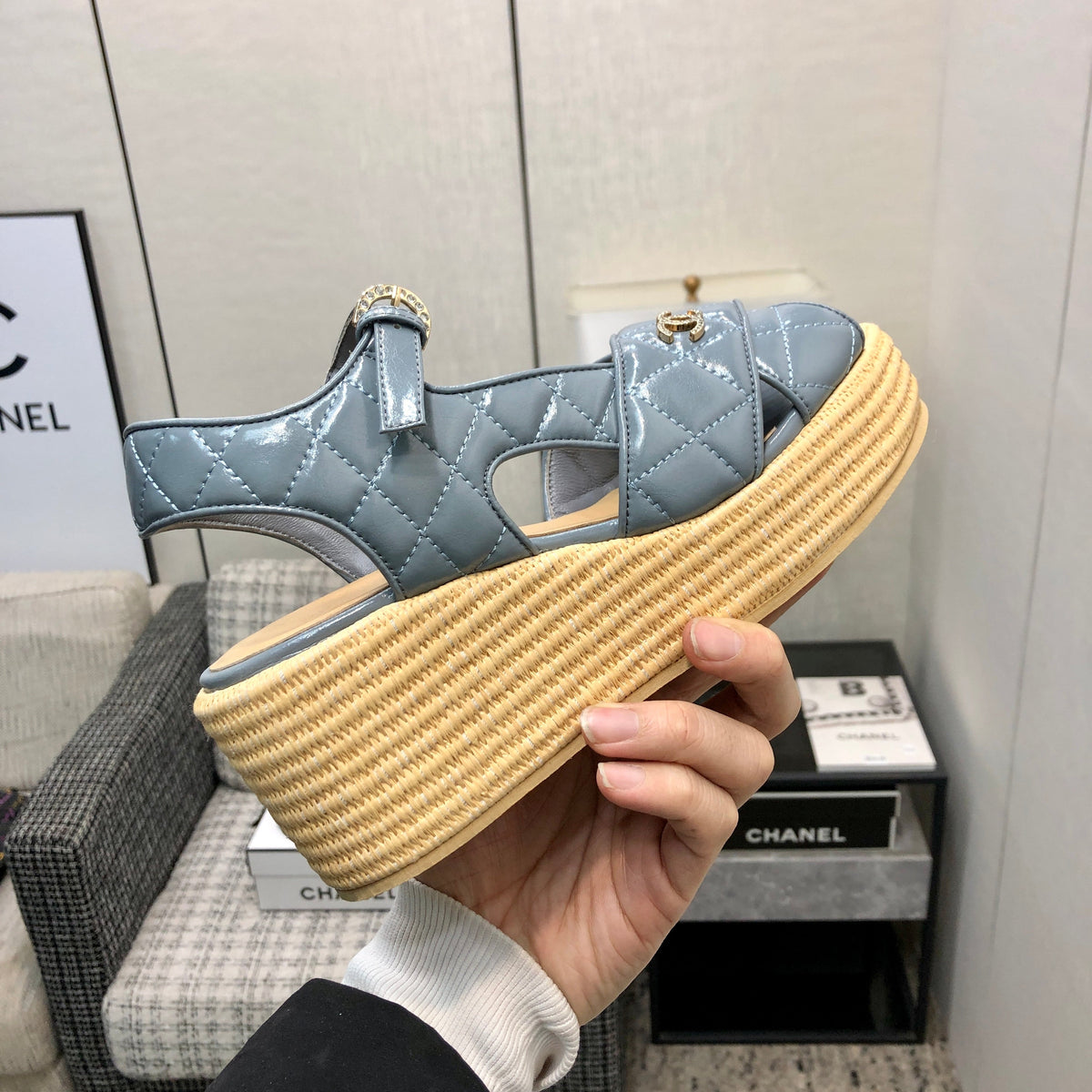 Chanel 26s Quilted Leather Platform Wedge Sandals Denim Blue 153750