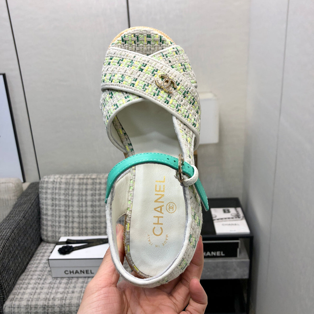 Chanel 26s Tweed Platform Wedge Sandals Mint Green White 153752
