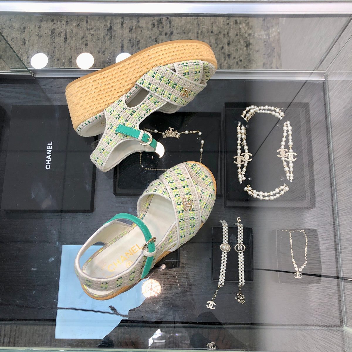 Chanel 26s Tweed Platform Wedge Sandals Mint Green White 153752