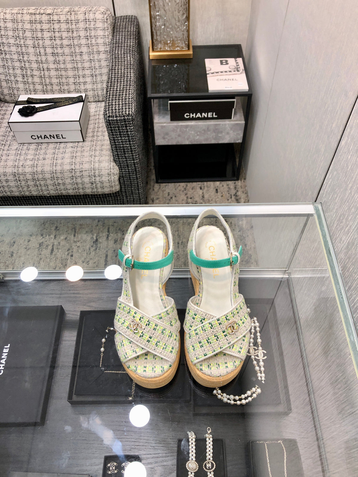 Chanel 26s Tweed Platform Wedge Sandals Mint Green White 153752