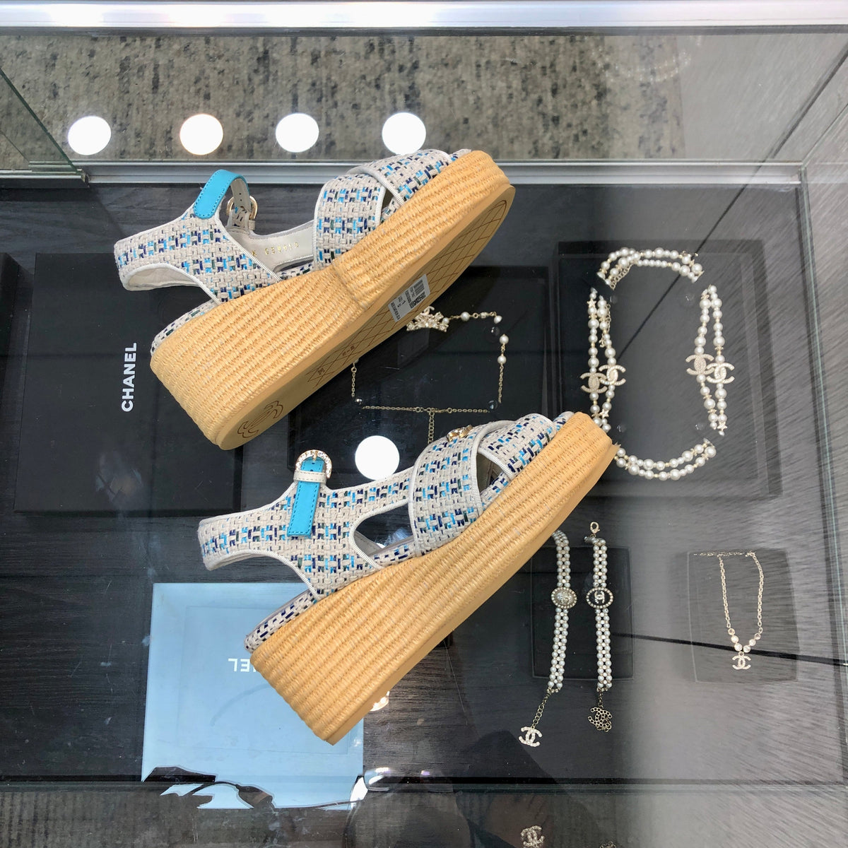 Chanel 26s Tweed Platform Wedge Sandals Light Blue White 153753