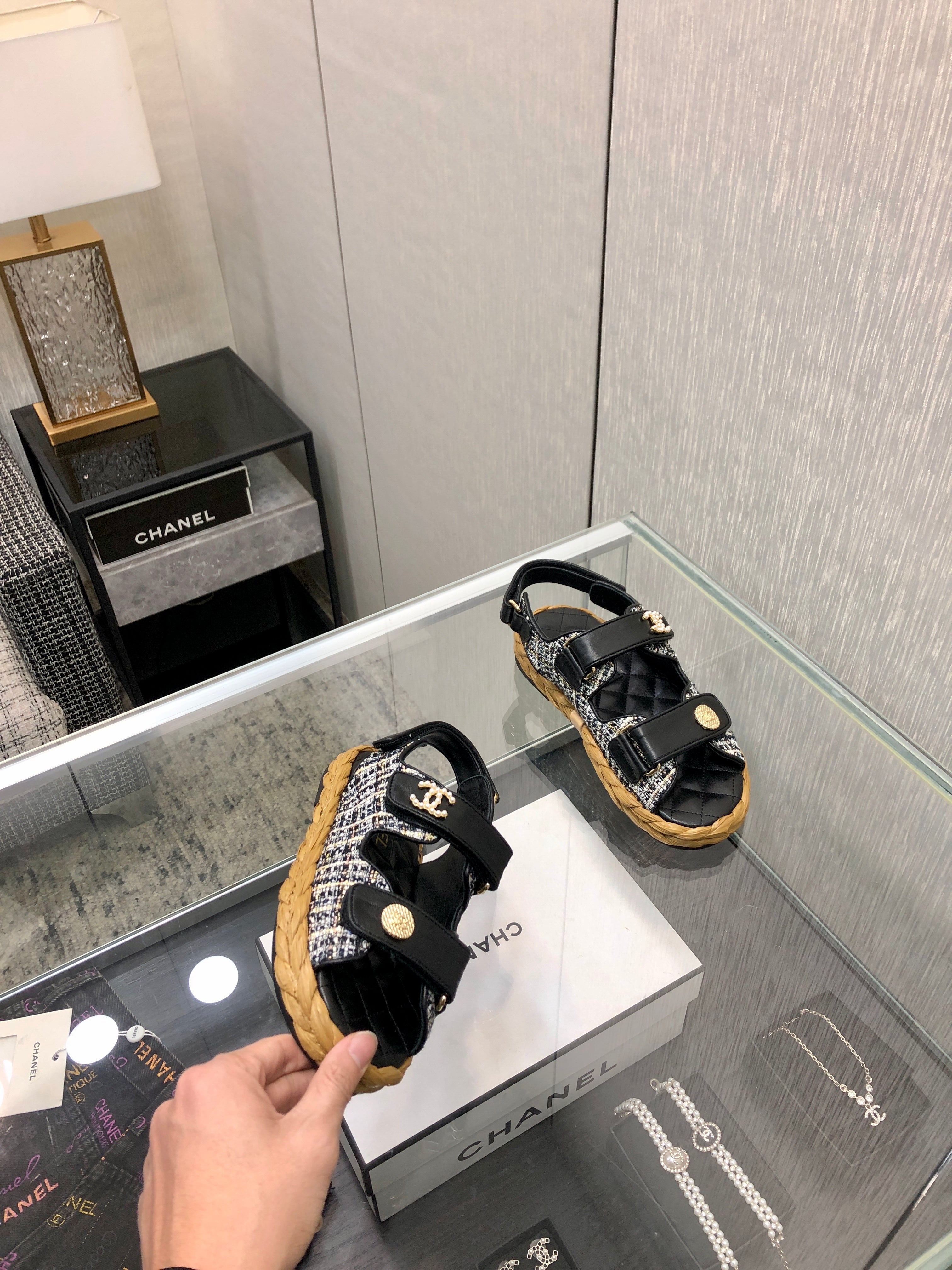 VELCRO SANDALS IN BLACK LAMBSKIN AND TWEED FABRIC