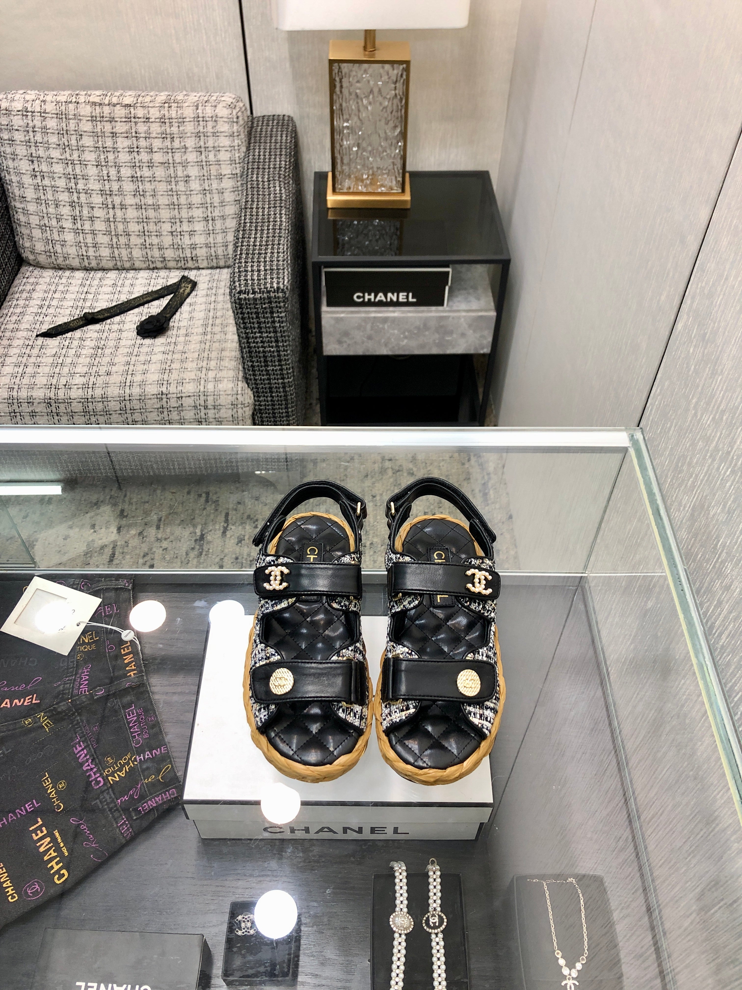 VELCRO SANDALS IN BLACK LAMBSKIN AND TWEED FABRIC