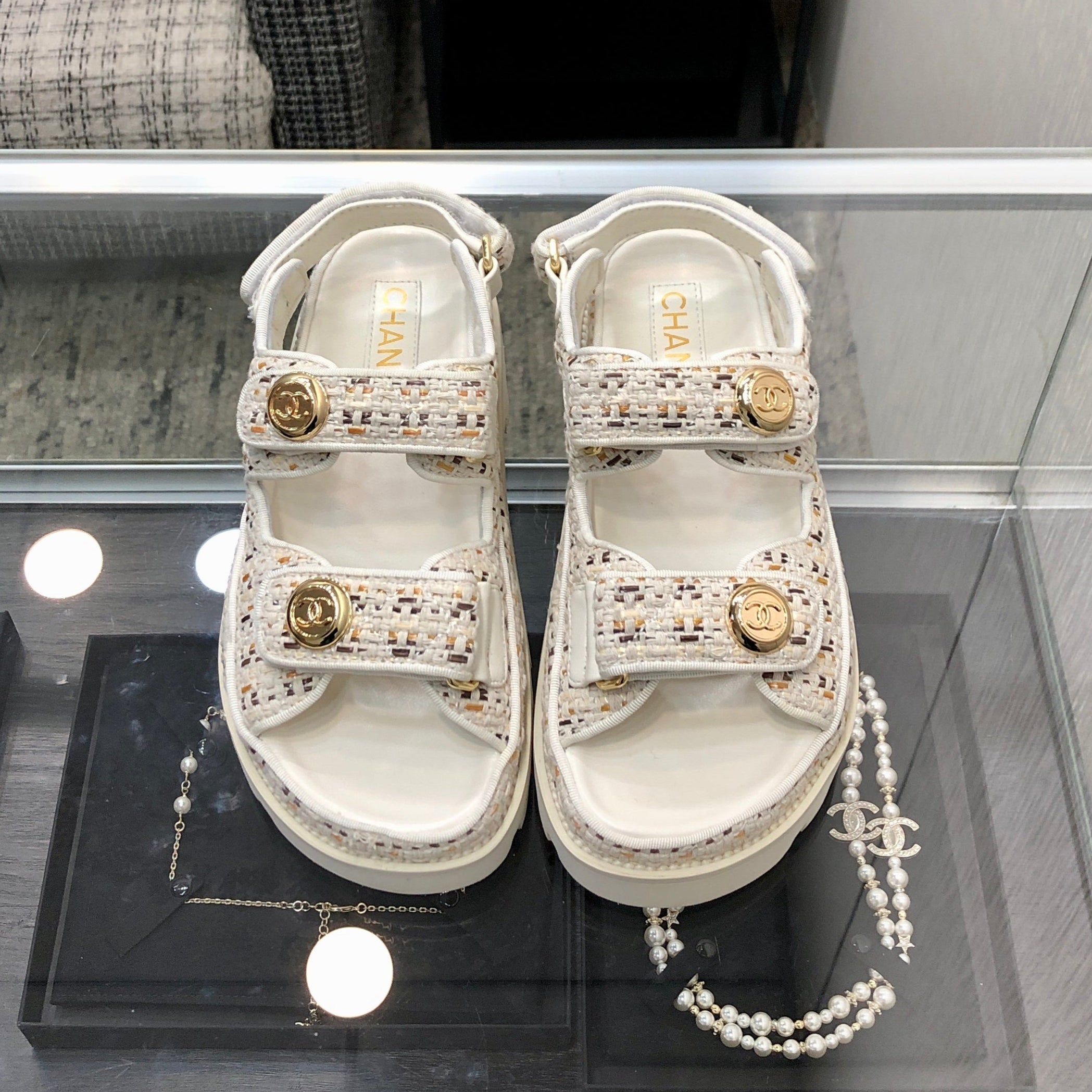 DAD SANDAL IN WHITE MIX LIGHT GOLD TWEED FABRIC