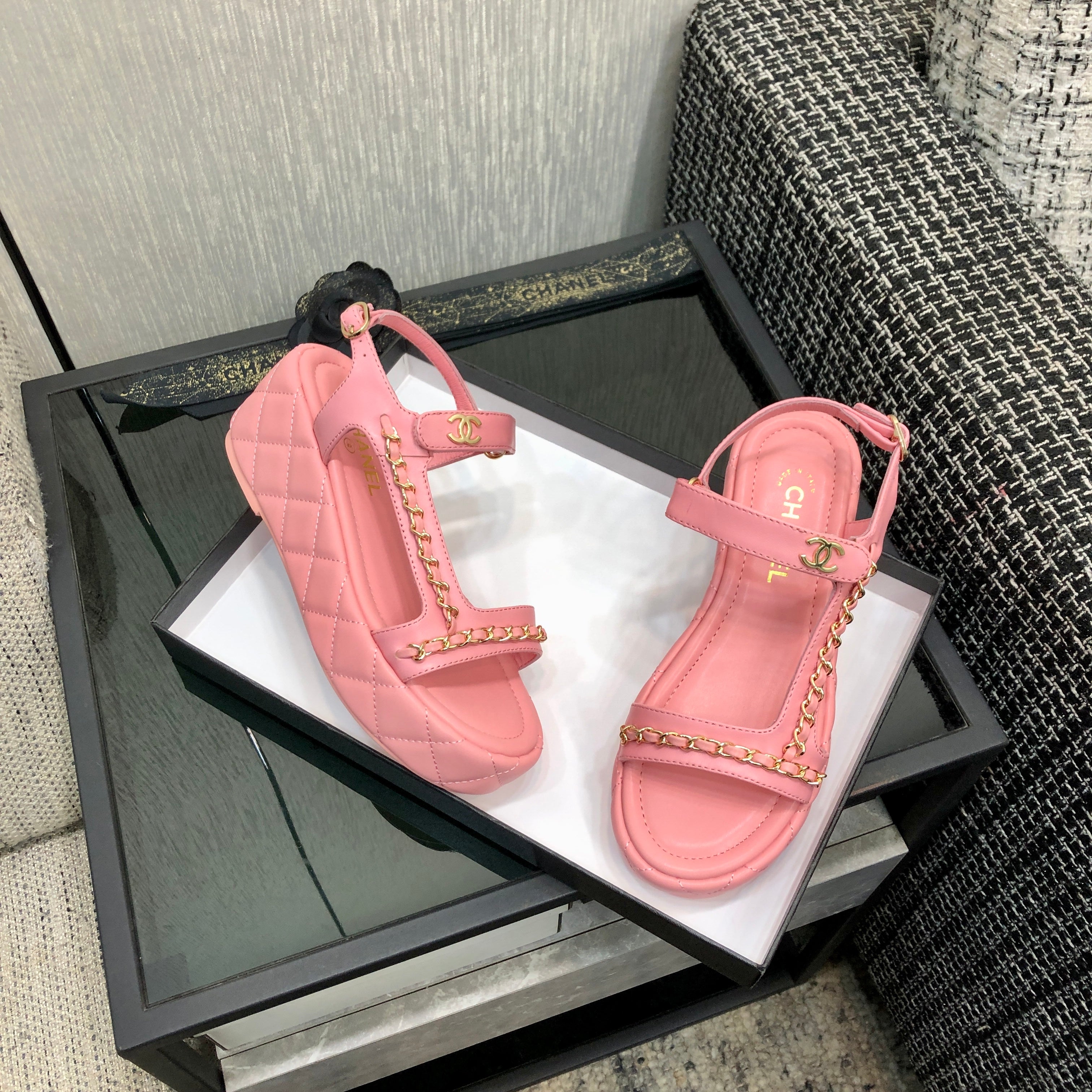 CC Platform Sandals Quilted Chain Pink Lambskin 602504