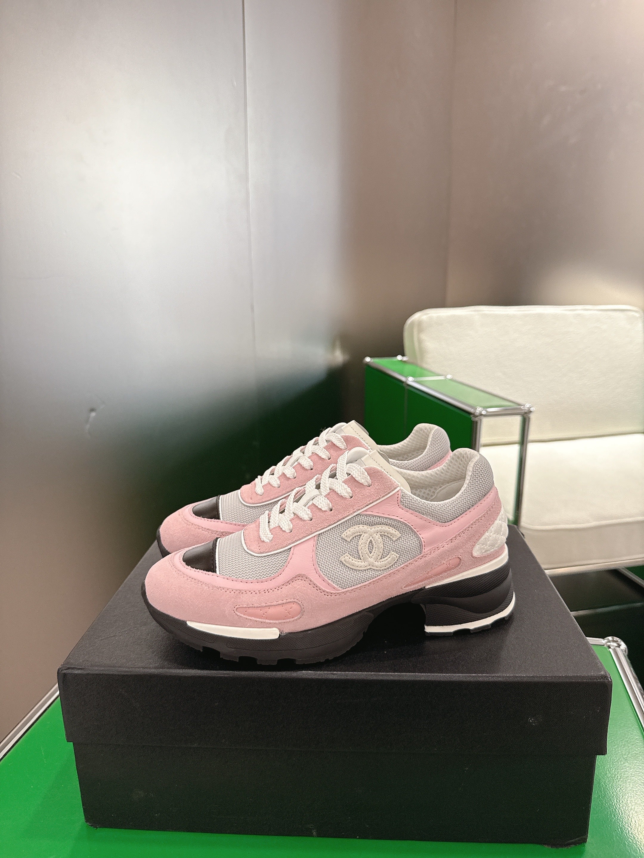 Chanel Low-Top Sneakers 30mm Pink and Grey Calfskin Leather and Mesh 507544