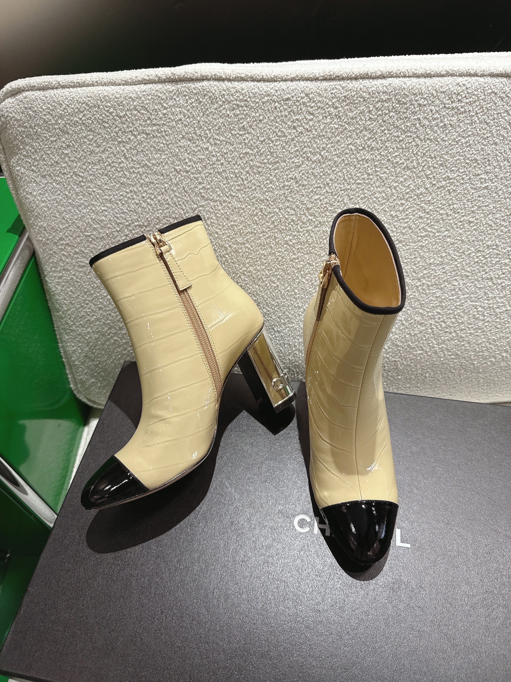 Chanel 2025𝐒𝐒 High Heeled Ankle Boots Light Beige & Black Glossy Leather 507545