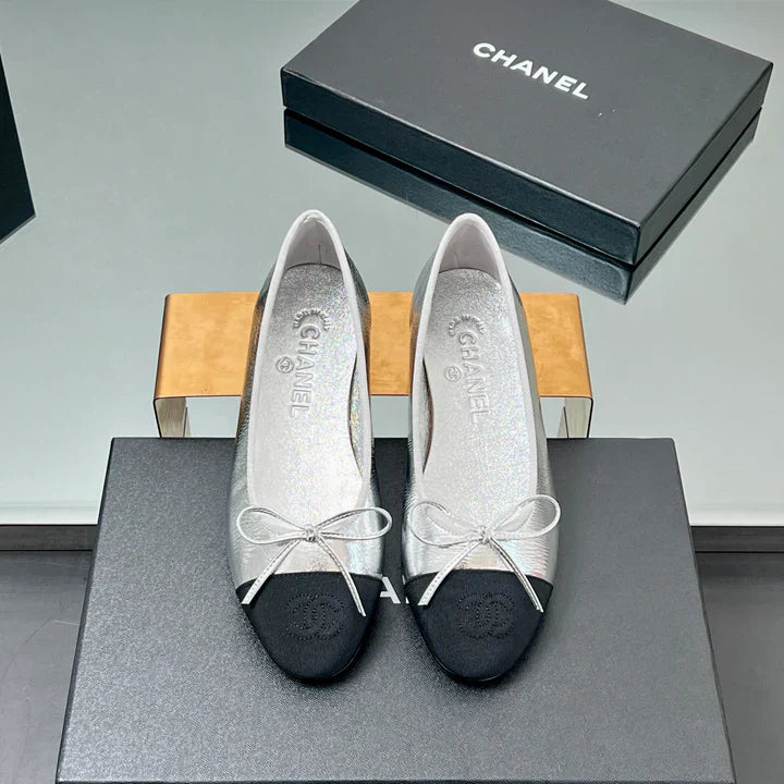 CC Ballet Flats 20mm Silver Metallic Sheepskin Black Grosgrain 266677