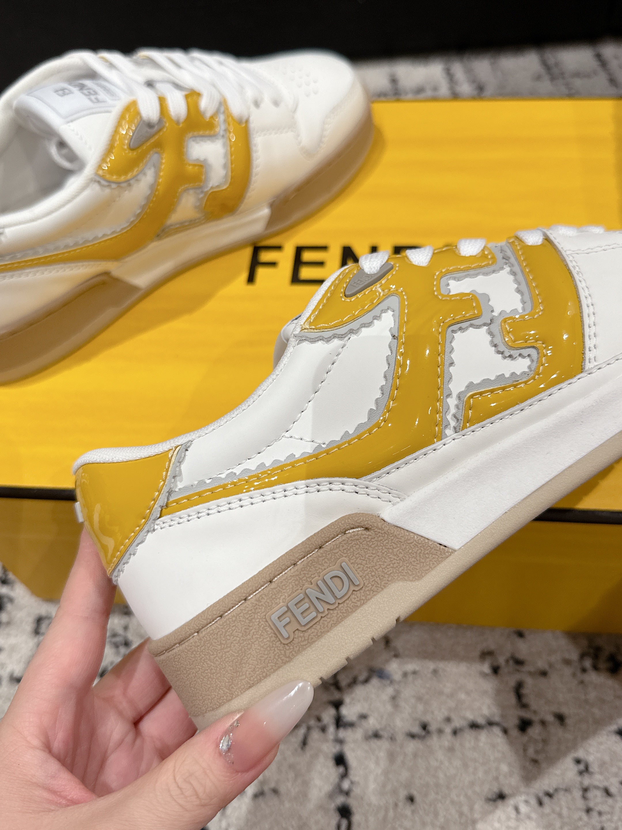Fendi Match Trainers White Yellow Leather 679605