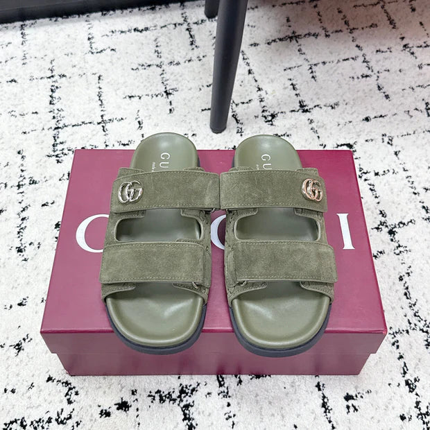 GG 26SS Sandals Olive Green Suede Sheepskin 641460