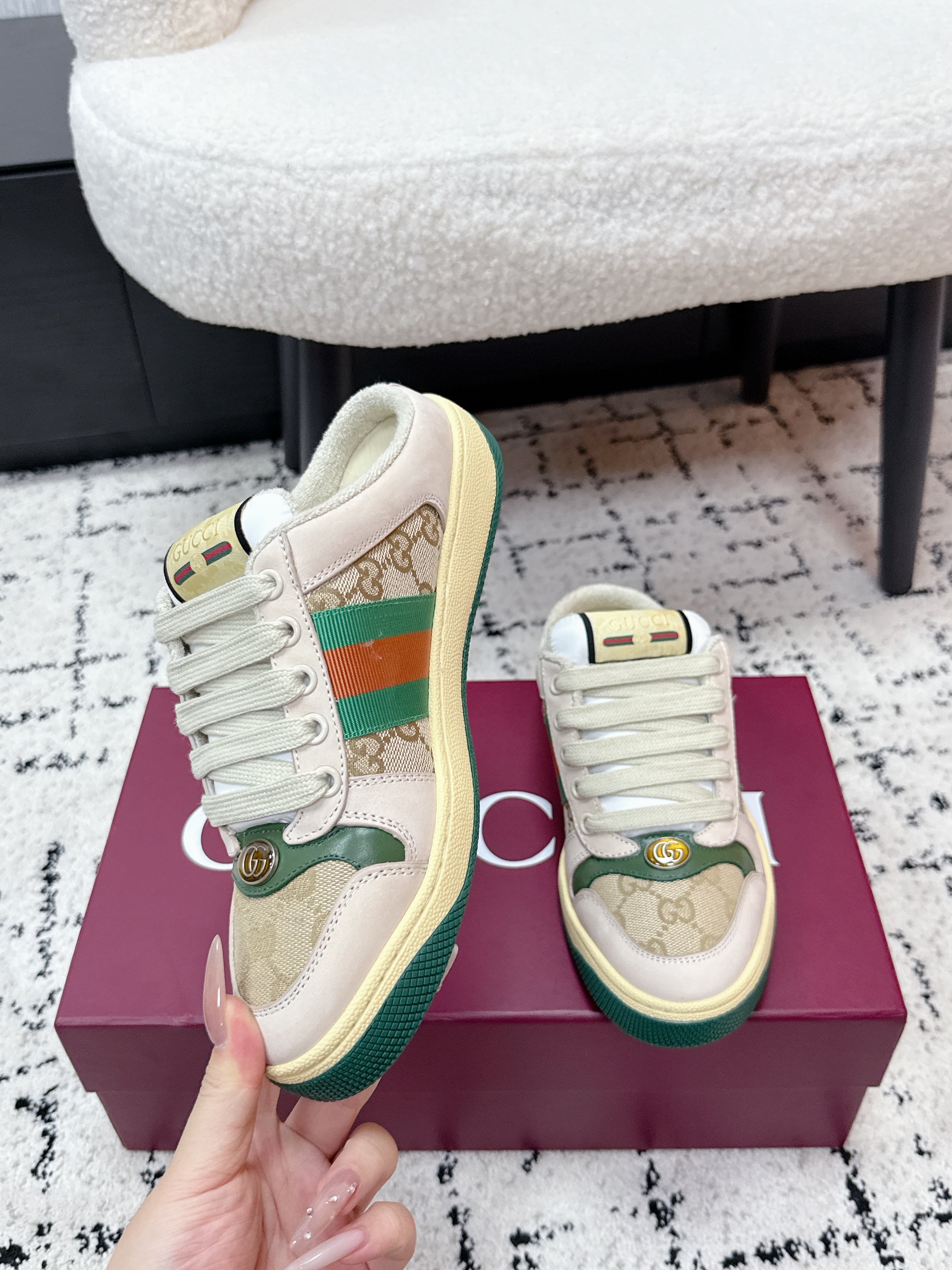 GG Screener Sneaker White Teal Green Mesh Leather 769551