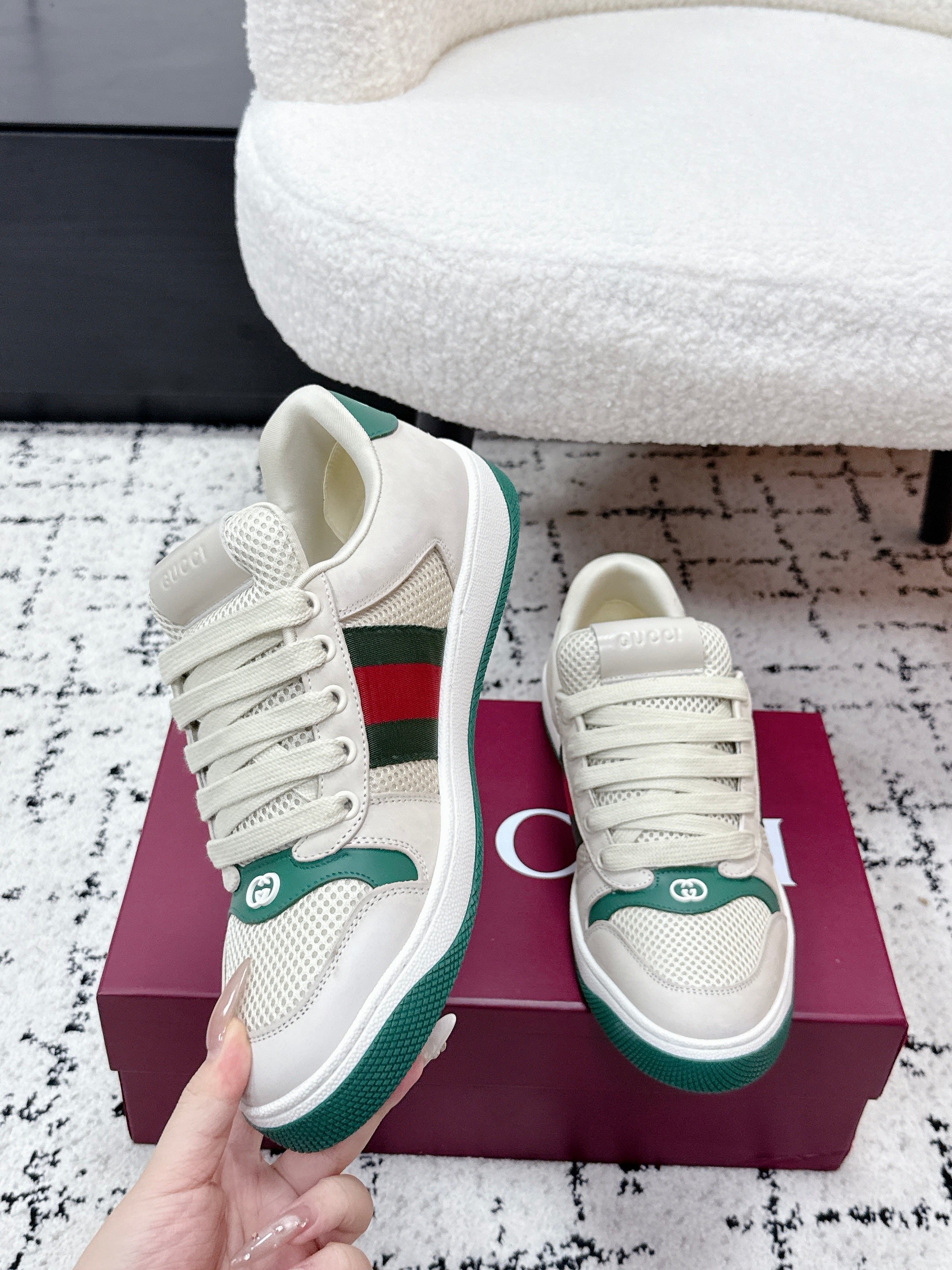 GG Screener Sneaker White Dark Green Mesh Leather 769554