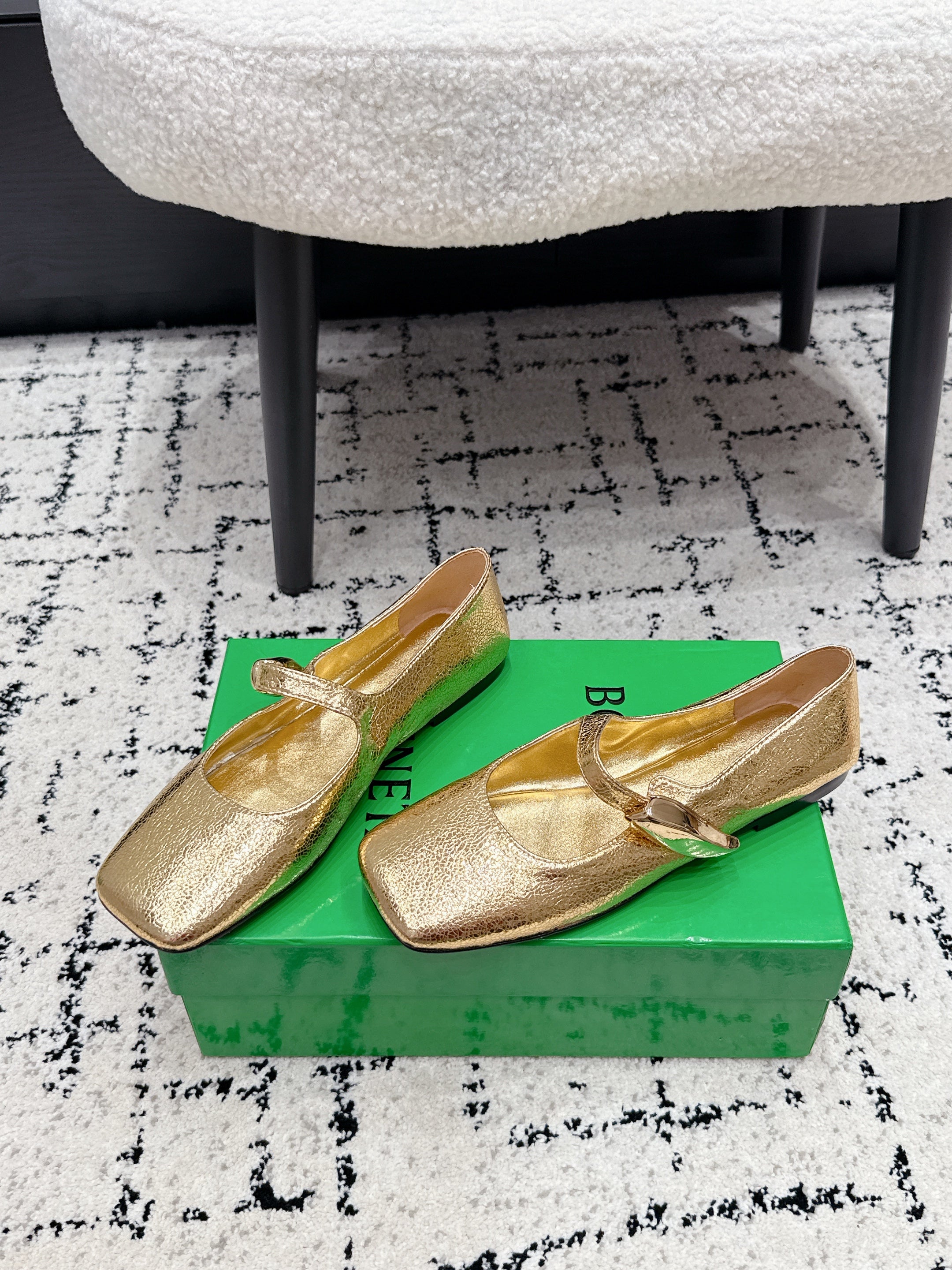BV Charlotte Mary Jane Flat Gold Metallic Leather 770005