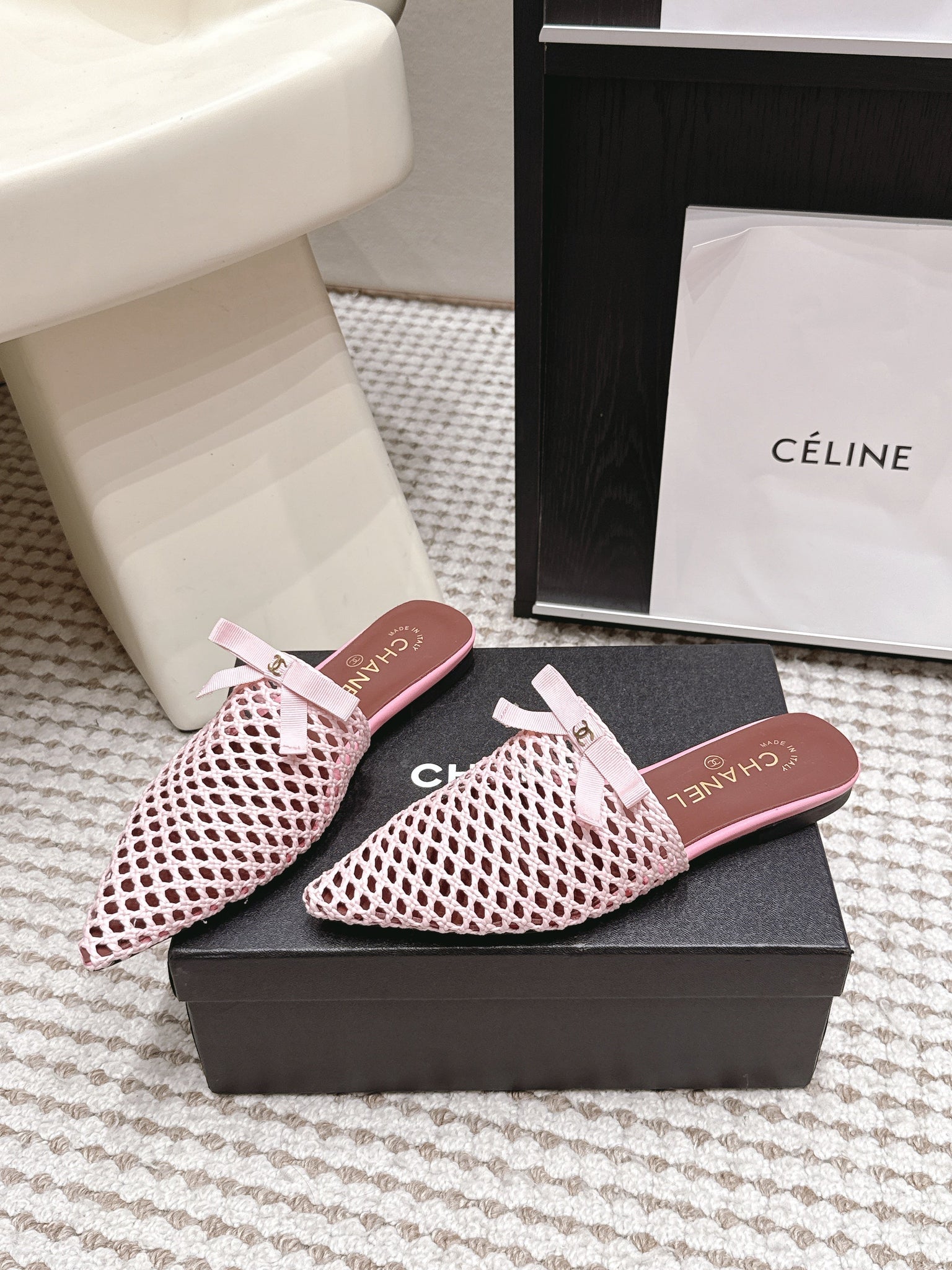 Chanel 26S Pointed-Toe Mules In Light Pink Mesh