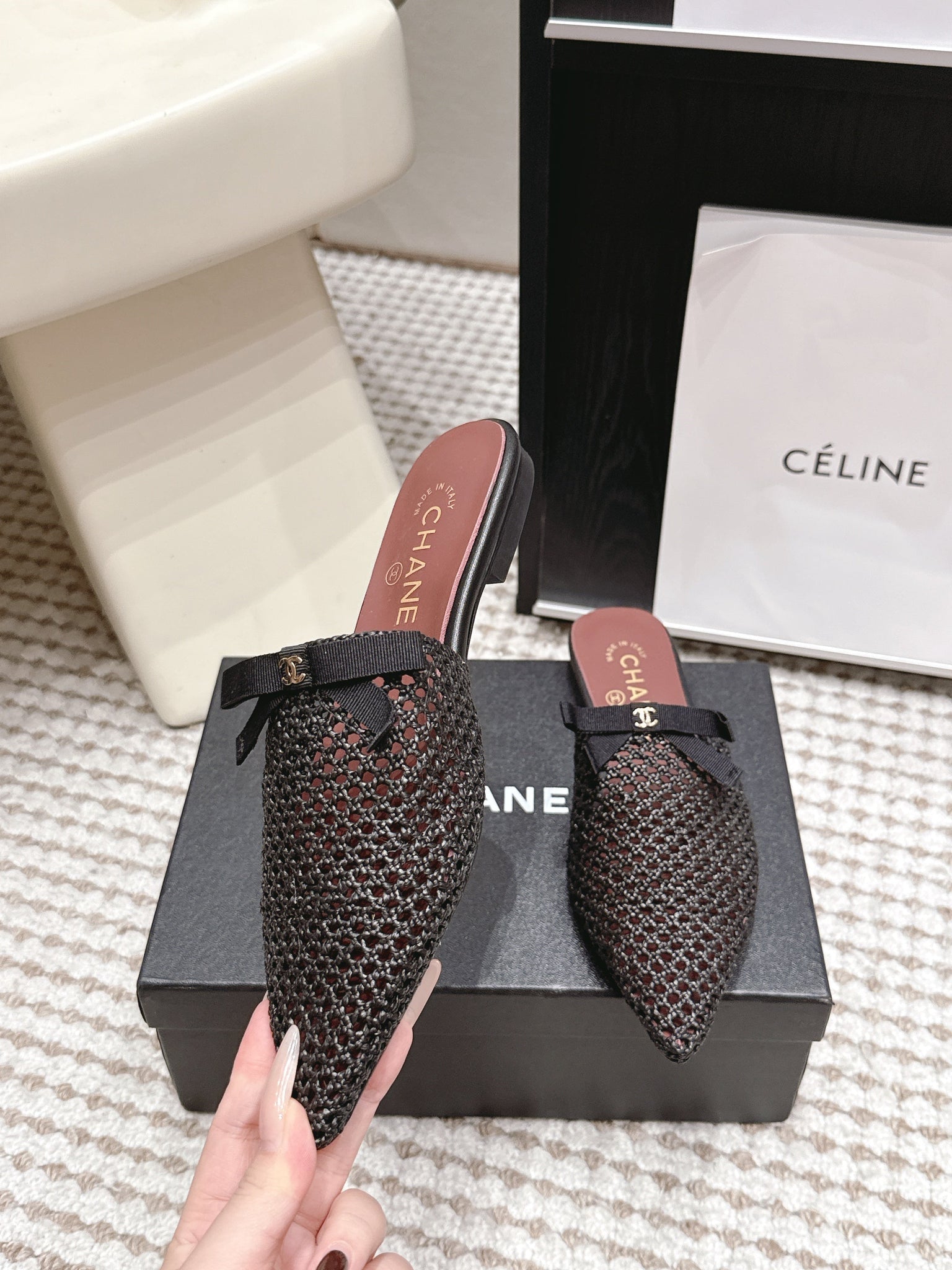 Chanel 26S Pointed-Toe Mules In Black Mesh