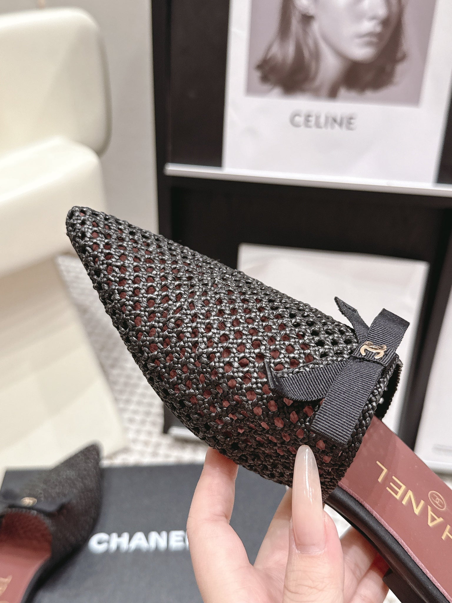 Chanel 26S Pointed-Toe Mules In Black Mesh