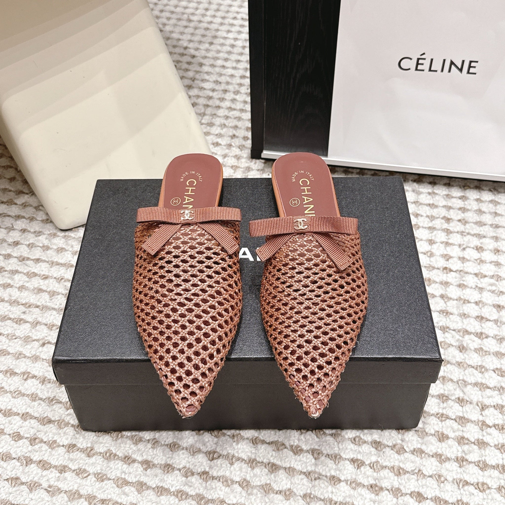 Chanel 26S Pointed-Toe Mules In Dusty Pink Mesh