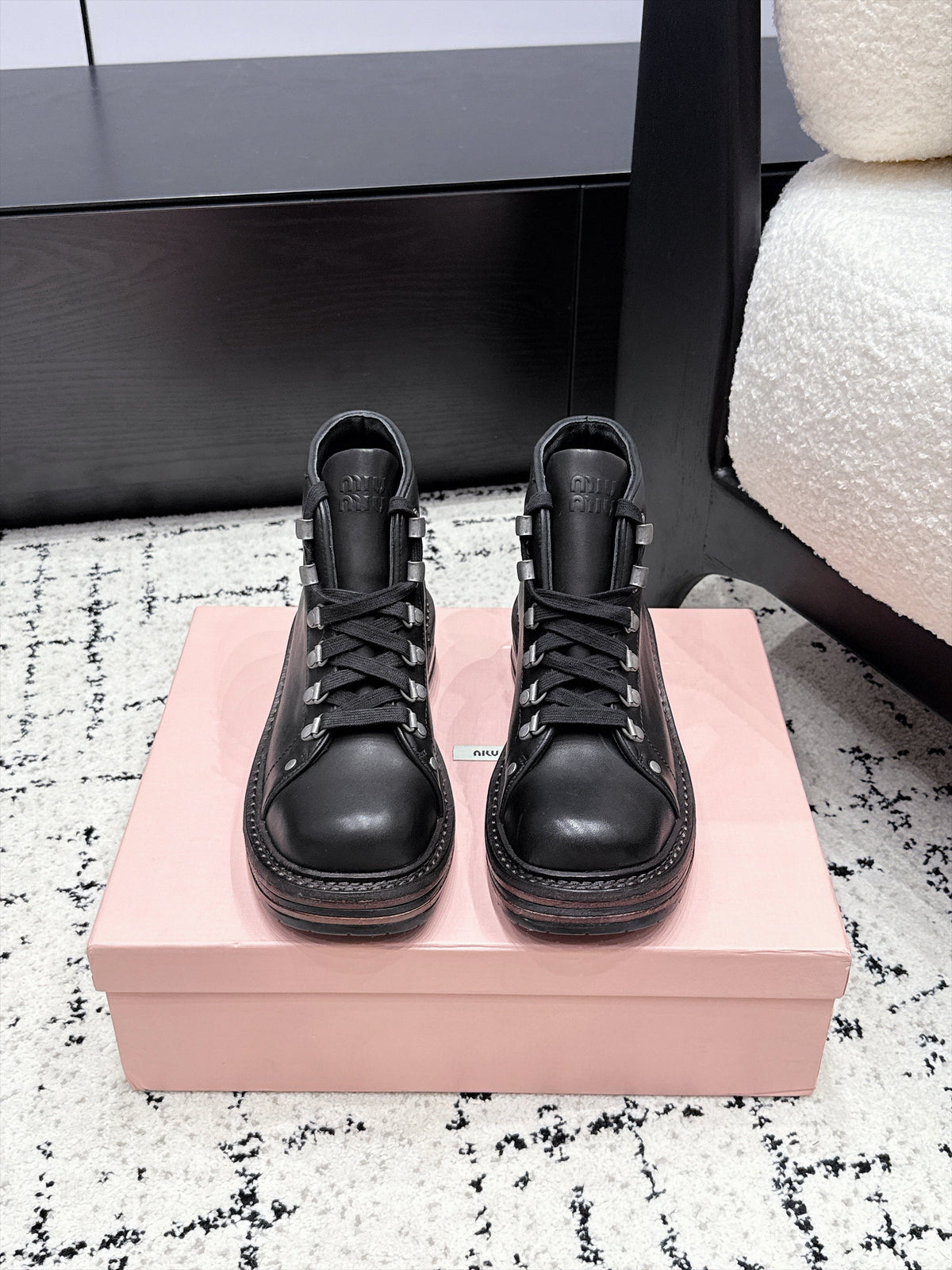 Miu Miu 26s Lace-up Boots Black Leather 139179