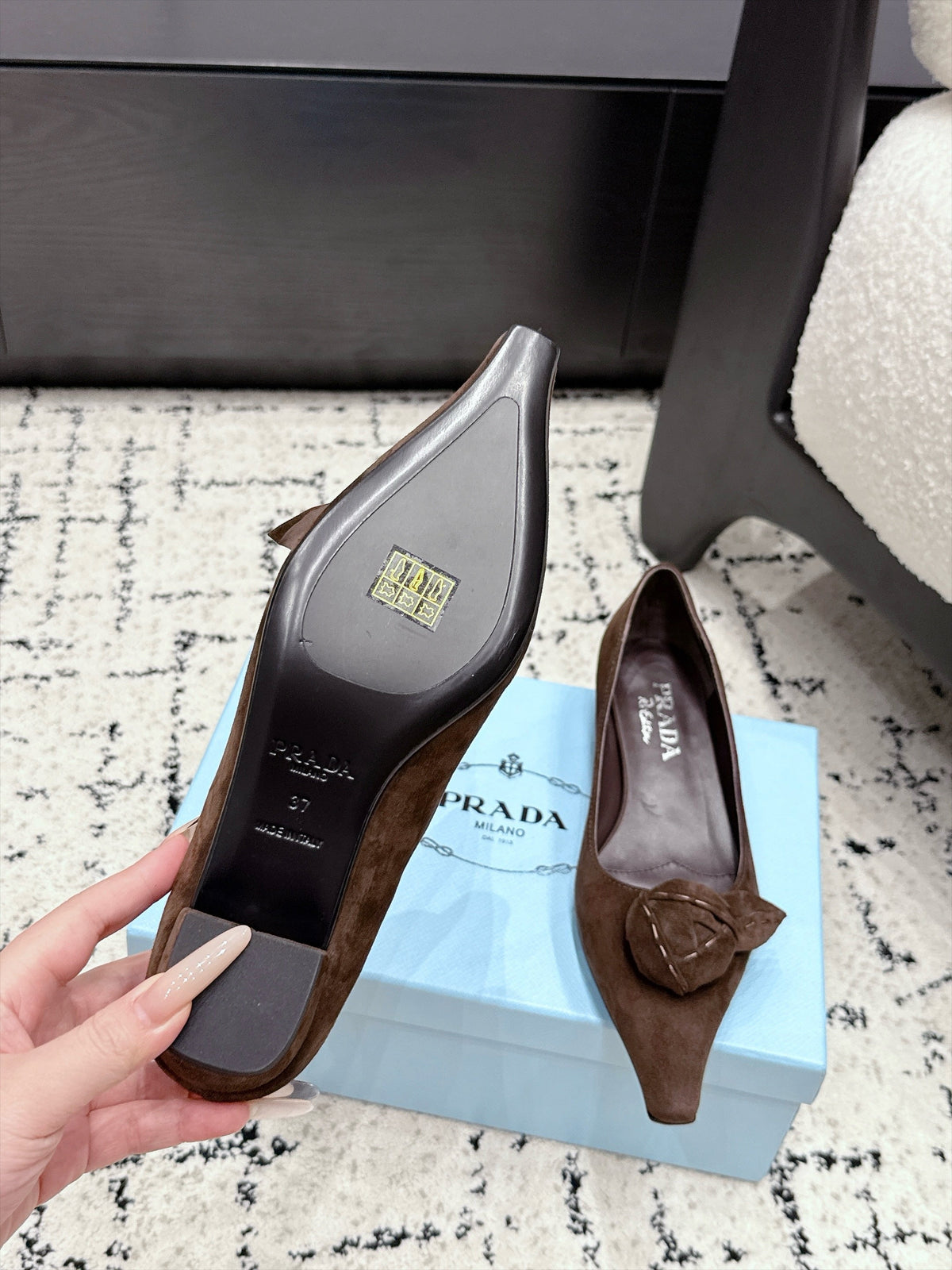 Prada Floral Detail Flats Dark Brown Suede 120979