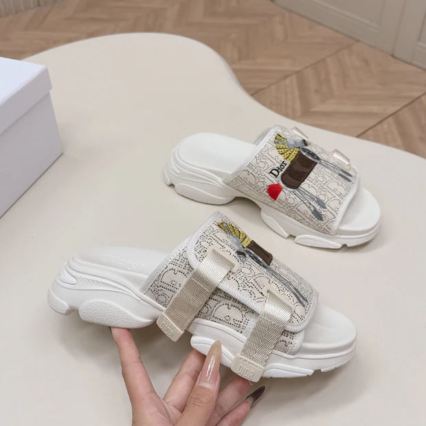 CD 26s Platform Slippers 35 Cream White Canvas Lambskin 643810