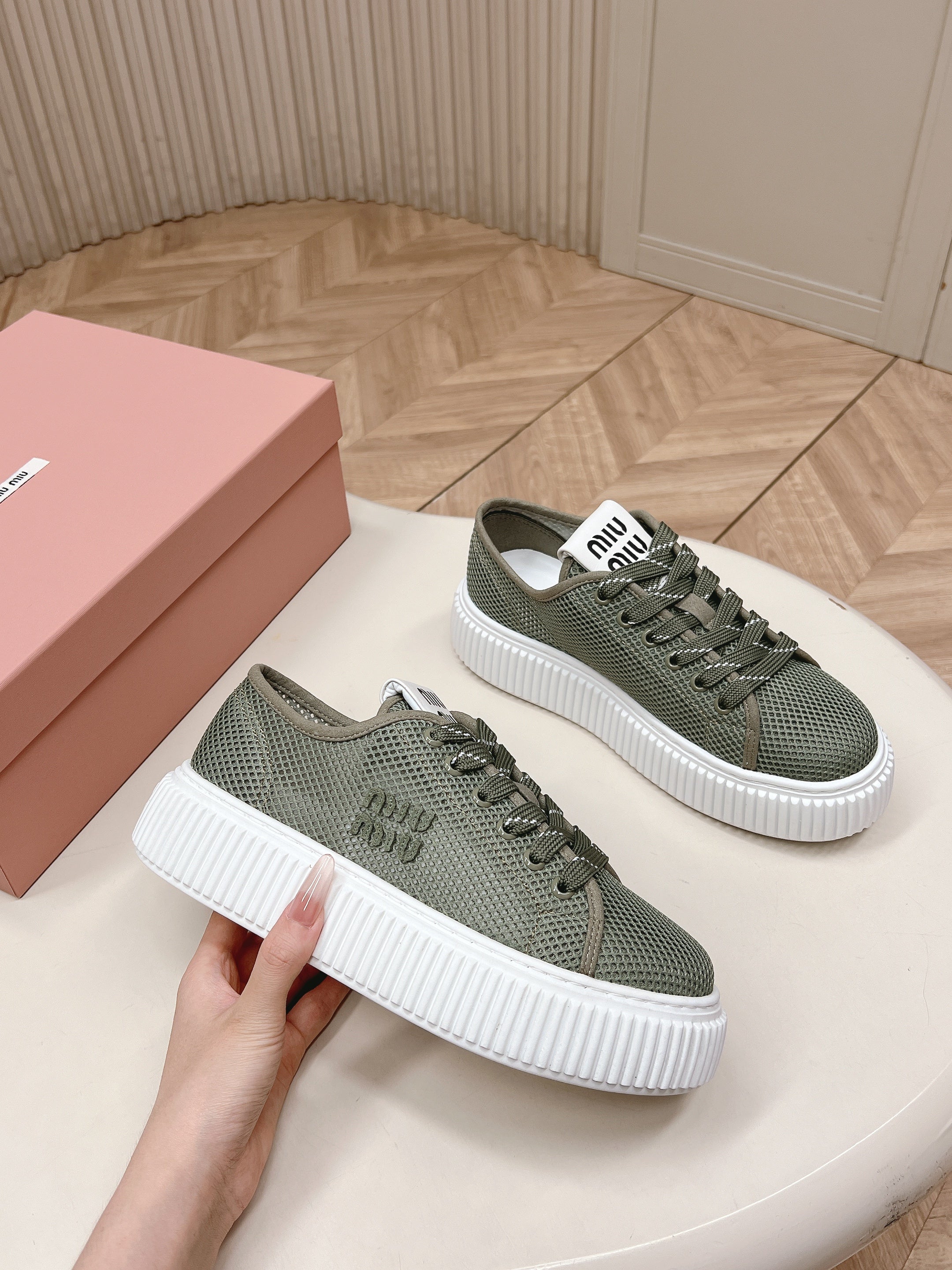 Miu Platform Sneakers Olive Green Mesh 798600