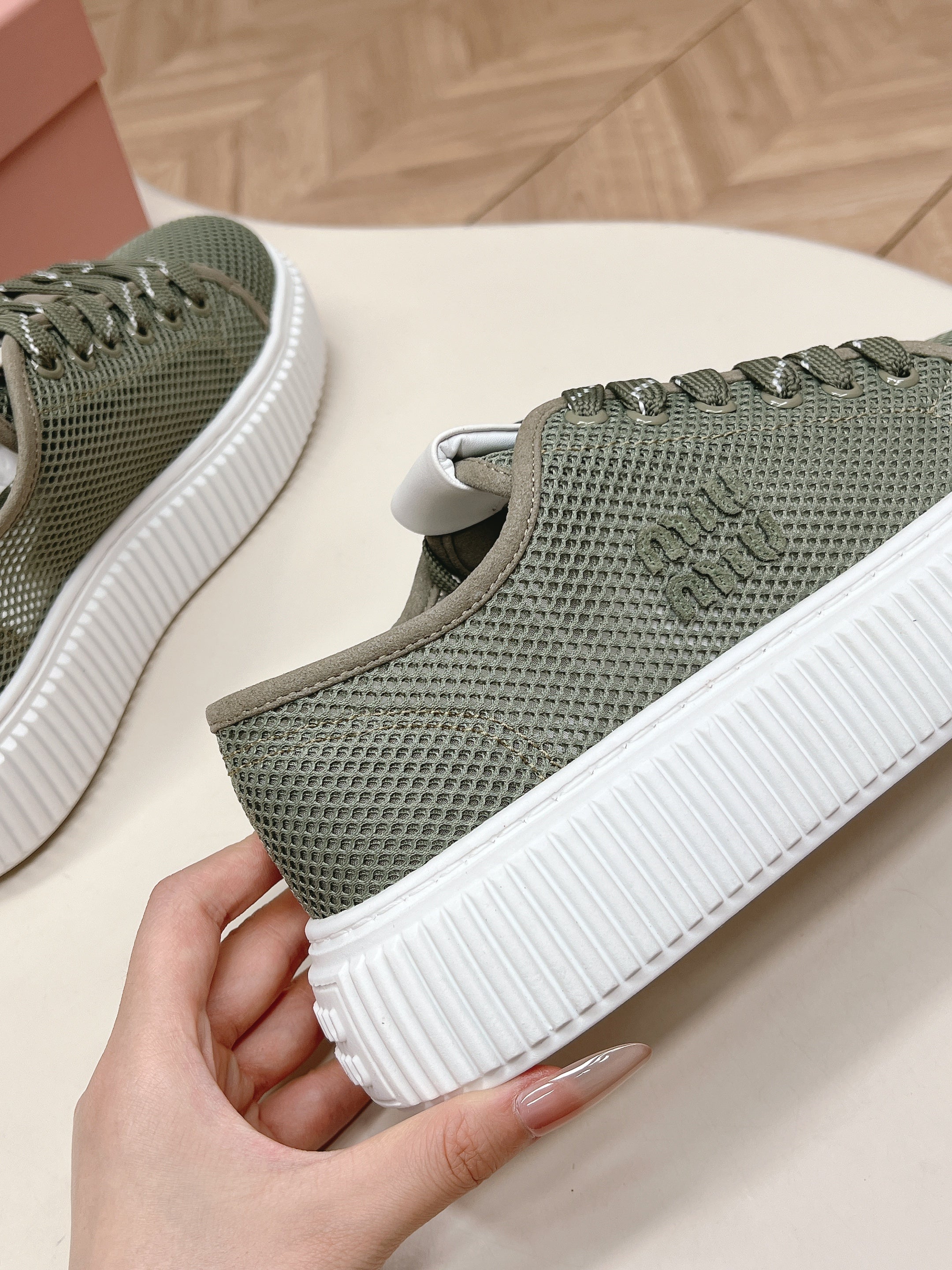 Miu Platform Sneakers Olive Green Mesh 798600