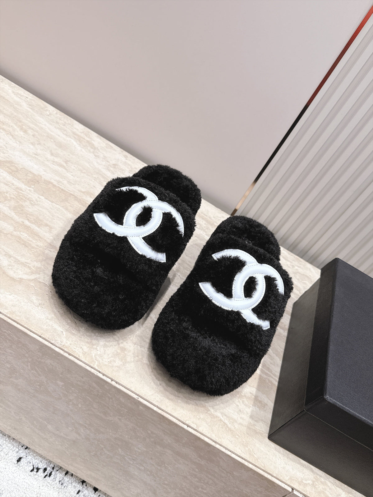 CC 26s Shearling Platform Slides Black White 121574