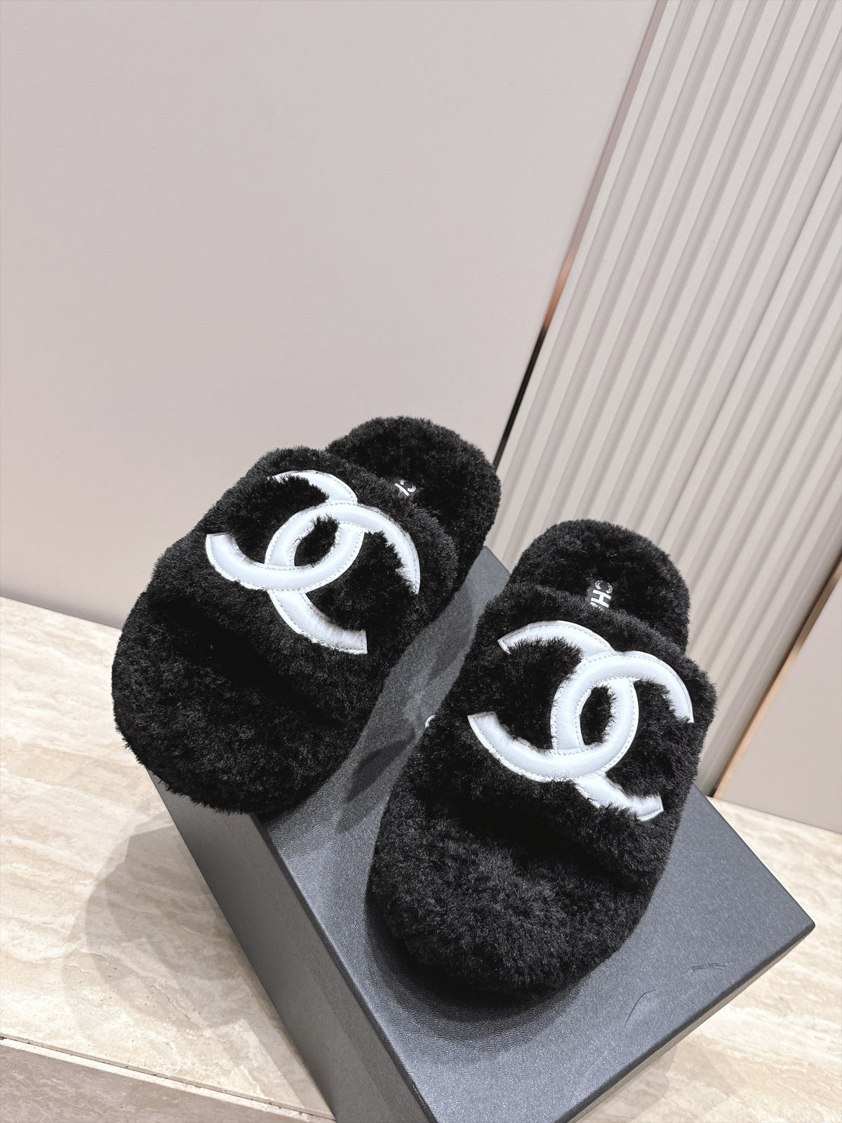 CC 26s Shearling Platform Slides Black White 121574