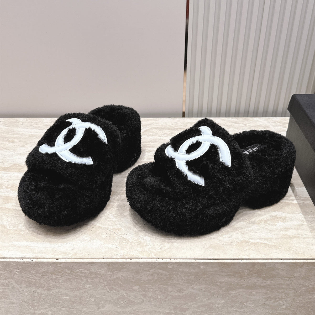 CC 26s Shearling Platform Slides Black White 121574