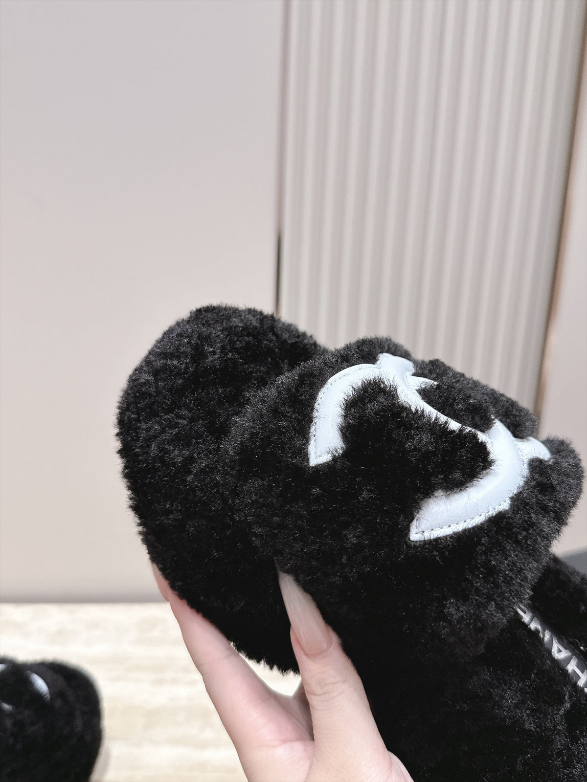 CC 26s Shearling Platform Slides Black White 121574
