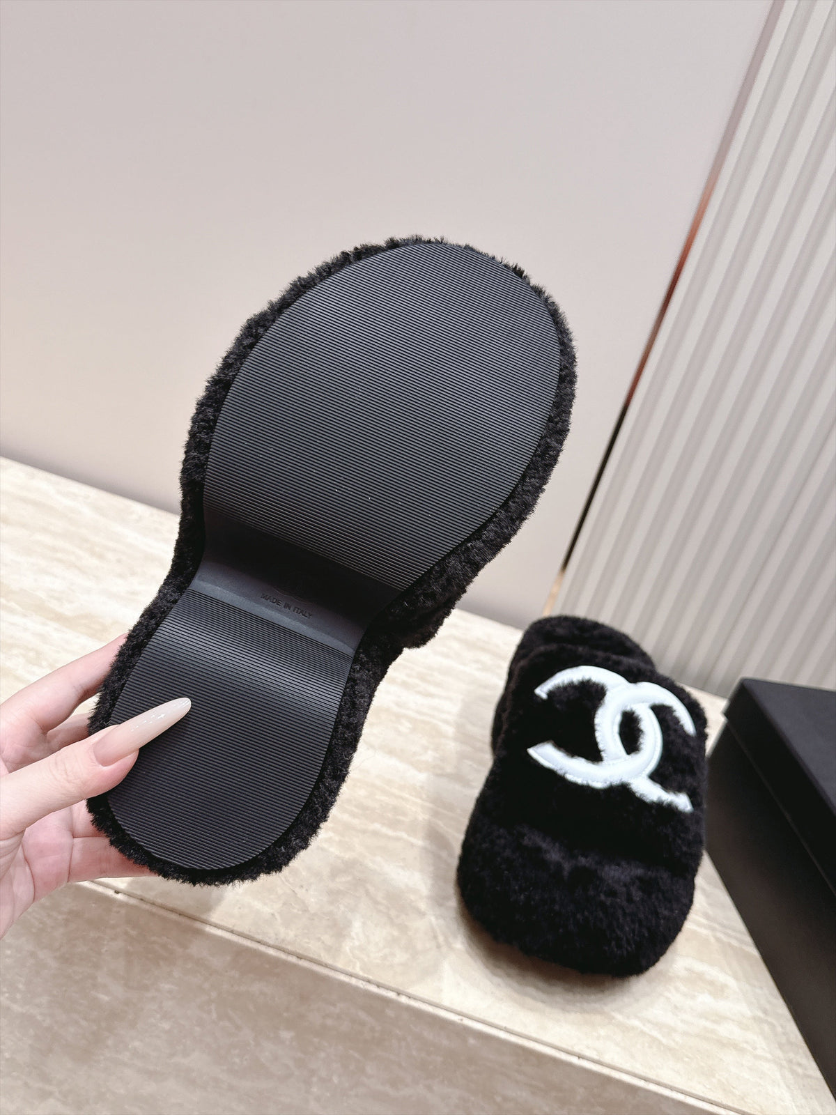 CC 26s Shearling Platform Slides Black White 121574
