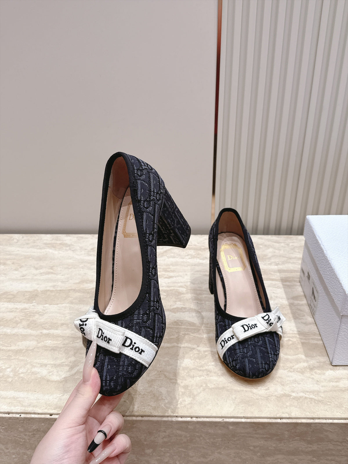 CD 26s Block Heel Pumps 7cm Black Oblique Canvas 121649