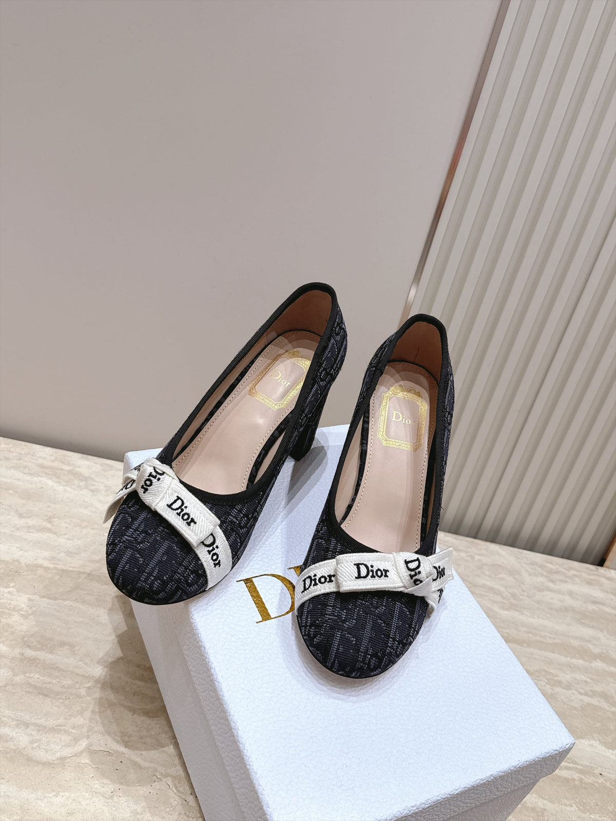 CD 26s Block Heel Pumps 7cm Black Oblique Canvas 121649