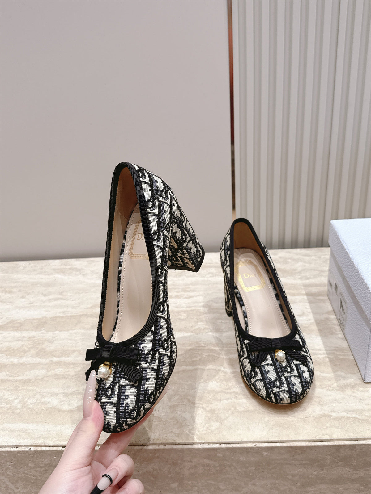 CD 26s Block Heel Pumps 7cm White Black Oblique Canvas 121657