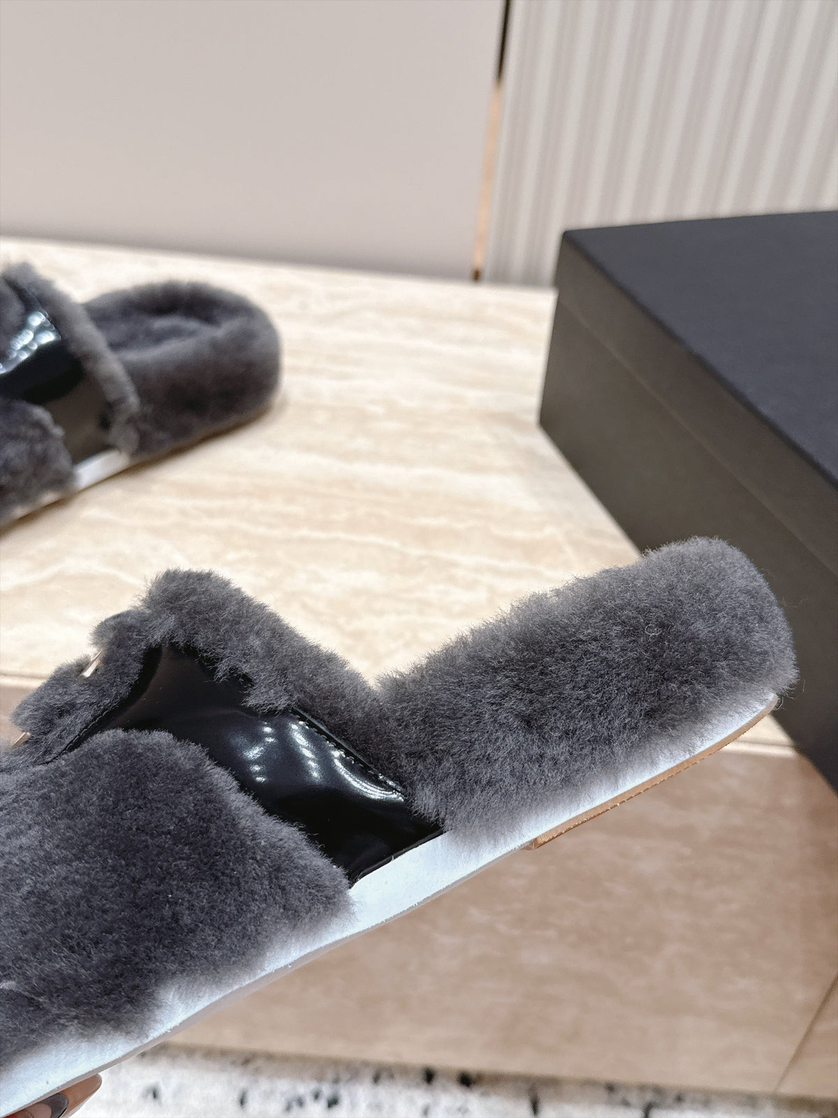 CC 26s Shearling Slides 2cm Dark Grey Fur 121629