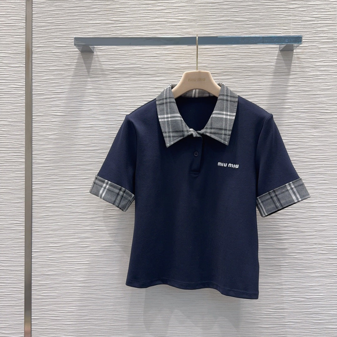 Miu SS26 Set Polo Shirt Pleated Skirt Navy Blue Polyester Cotton 351275